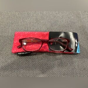 MAGNIVISION FOSTER GRANT red burgundy rectangle frame readers w/soft case. +2.00